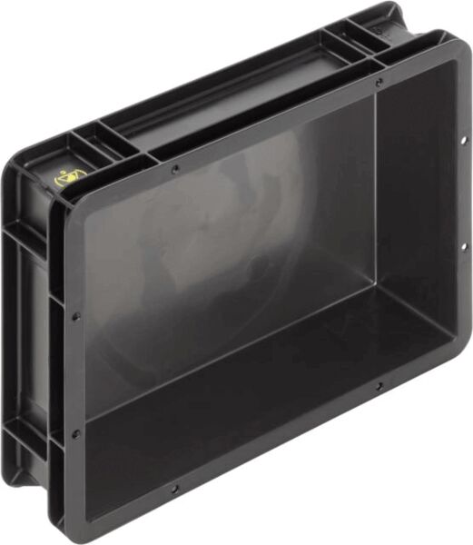 The image shows a black, rectangular box with a transparent lid. The corners are rounded, and there is a yellow symbol on the top. It appears sturdy and spacious.