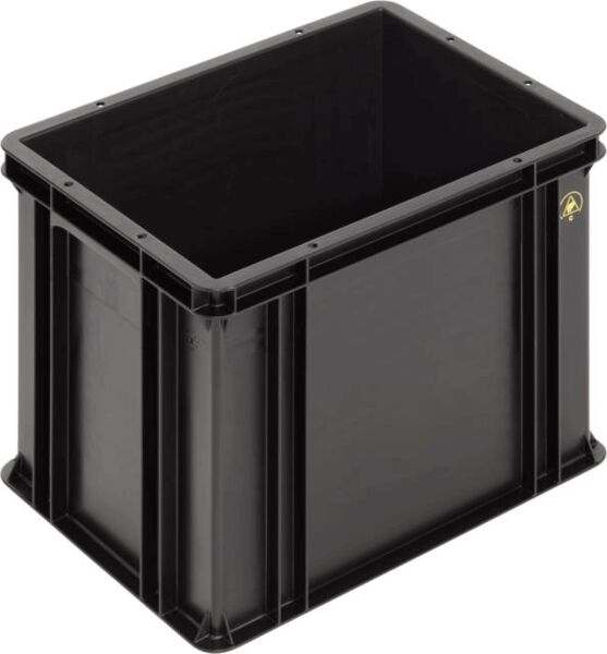 The image shows a rectangular, black plastic storage box. The box has smooth walls and a sturdy structure, ideal for storing items.