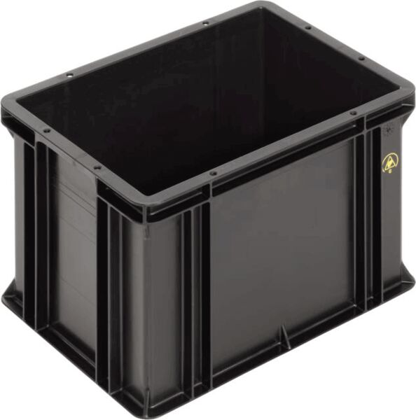 It is a rectangular, black plastic box. It has smooth walls, an open top, and a sturdy, robust structure. The corners are slightly rounded.