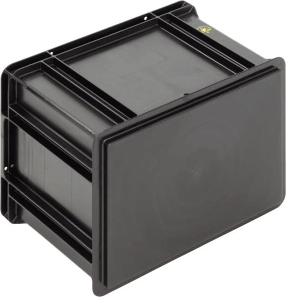 The image shows a black speaker in a rectangular shape. It has a smooth front and is sturdily built, ideal for use in audio systems.