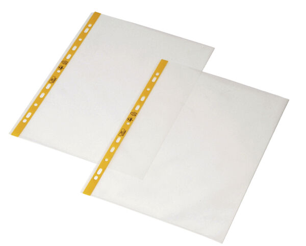 The image shows two transparent clear sleeves, one with a yellow border and holes for a binder, the other without. They are flat and placed on a white background.