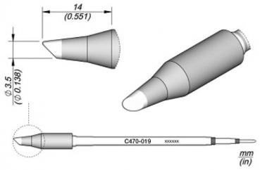 The image displays a technical drawing of a pen. It features a conical tip and a cylindrical body. Dimensions and product code are provided to clarify the size and shape.