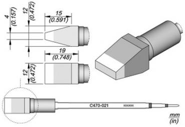 Das Bild zeigt technische Zeichnungen eines geometrischen Objekts mit mehreren Ansichten. Es enthält Maße in mm und zeigt einen konischen, geschlossenen Endpunkt mit einer flachen Kante.