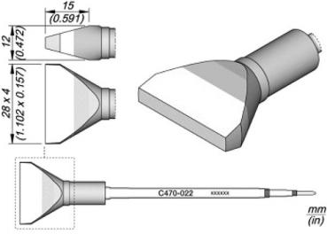 The image displays technical drawings of an accessory part with a conical end and a slender neck. Dimensions are provided in millimeters and inches. The part has a flat, wide tip.