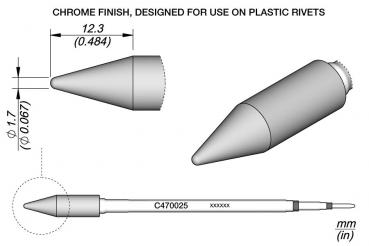 The image shows a technical drawing of a conical tool with a chromed finish. Dimensions and a label are provided, describing its use with plastic rivets.