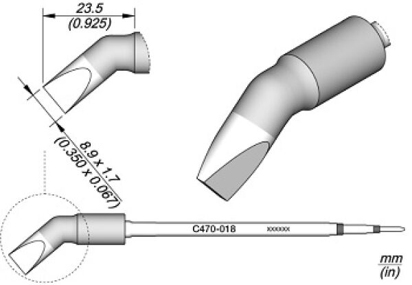 The image displays technical drawings of an object with an angled end. It includes detailed dimensions and various views, including a side and a top view.