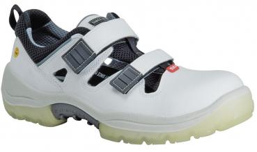 The shoe is a white, open safety shoe with two adjustable Velcro straps. The sole is lightweight and has a non-slip, transparent rubber coating.