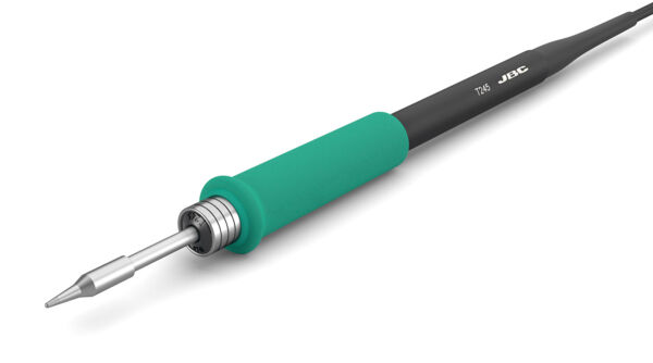 The image shows a soldering iron. It has a silver, pointed working area and a green handle. The handle is ergonomically shaped and has a black cable connection.