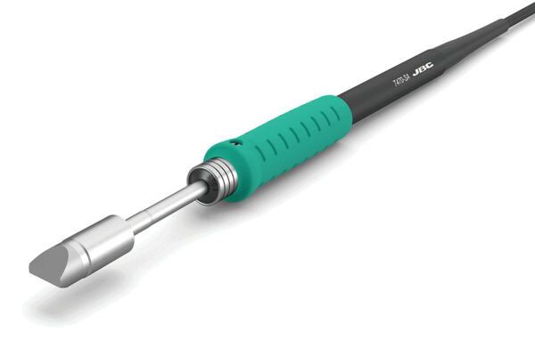 The image shows a tool with a metal, flat head and a long, black handle. The handle has a green, non-slip coating.