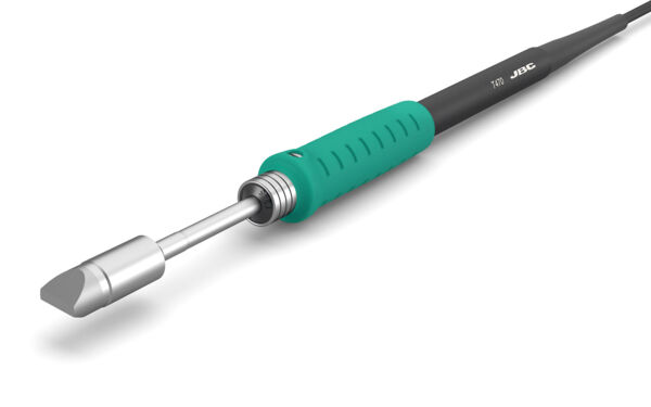 The image shows a soldering iron with an ergonomic, green handle and a metallic soldering tip. The handle is ridged for better grip. A cable runs from the handle.