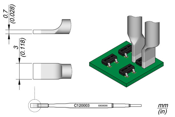 Das Bild zeigt eine technische Zeichnung eines elektrischen Bauteils. Auf der rechten Seite befindet sich eine Leiterplatte mit vier Anschlüssen. Links sind seitliche Ansichten des Bauteils zu sehen, einschließlich Maße.