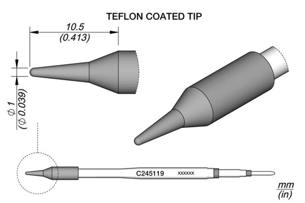 The image displays technical drawings of a Teflon-coated pen. It includes views from the side, top, and bottom, with measurements. The pen has a pointed shape.