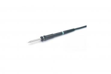 The image shows a black test probe with a long cable. The tip is made of metal, sharp and shiny, while the handle is made from a non-slip rubber or plastic surface.