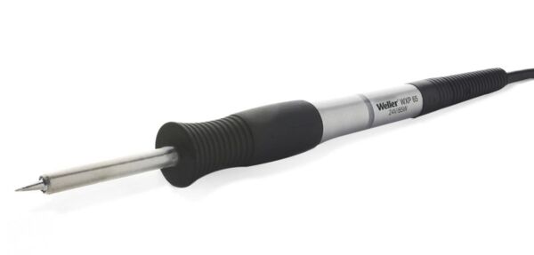 The image shows a soldering iron with a black rubber handle and a silver metal body. The tip is pointed and metallic. A cable leads away from the iron.