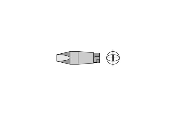 Das Bild zeigt eine technische Zeichnung eines Objekts mit einer länglichen, spitzen Form und einer senkrechten, kurzen Kante an der Seite. Daneben befindet sich eine schematische Darstellung in Form eines Kreises.