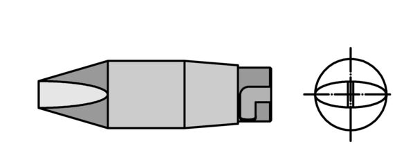 The image shows a graphic representation of ammunition. On the left is the side view of a cartridge shape with a pointed end. On the right is a cross-section that displays the internal structure.