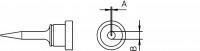 The image shows a technical drawing of a fastener with a pointed end and a round head. Next to the side view, a top view with dimensions is displayed.