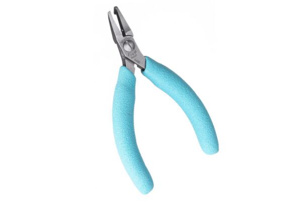 The image shows a pair of pliers with a narrow, pointed opening. The handles are in a striking light blue, non-slip and ergonomically shaped for a comfortable grip.