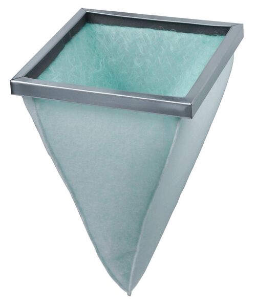 The image displays a trapezoidal waste bin. It features a sturdy, silver frame at the top and is covered with green, soft material that tapers to a point at the bottom.