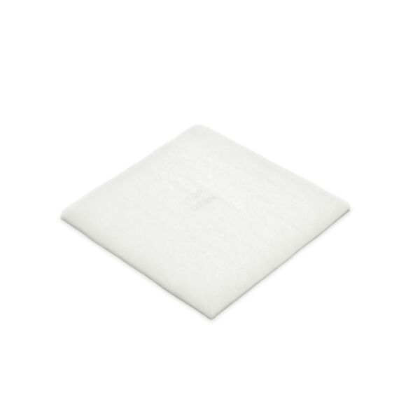 The image displays a square, flat object in white. The surface is even and soft, possibly a cushion or a mat. It has no discernible patterns or textures.