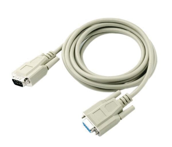 The image shows a gray cable with two connectors. Both ends are specially shaped, one has a rounded side with several small holes, the other is rectangular with a blue edge.