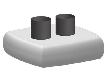 The image shows a flat, rounded base in light gray with two upright, cylindrical, black tubes on top. The tubes are of equal size and stand parallel to each other.