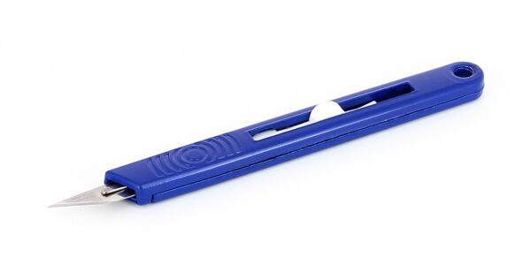 The image shows a blue utility knife with a sharp blade. The blade is embedded in a slim, rectangular casing that has a notched area for grip.