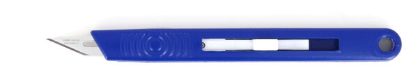 The picture shows a blue cutter. It has a long, flat shape with a sharp blade at the front. Above the blade, there is a sliding mechanism and a round recess at the end.