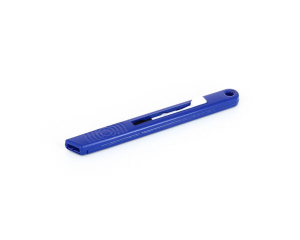 The image displays a blue, flat object holder with a white blade. The holder features an oval opening for hanging and is smooth with a ridged area in the center.