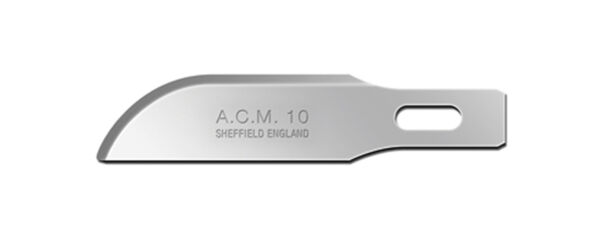 The image shows a smooth, curved metal blade with a sharp edge. Engraved in the blade are "A.C.M. 10" and "SHEFFIELD ENGLAND".