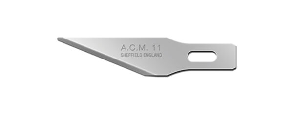 The image shows a sharp metal blade with a pointed, curved shape. On the blade is the imprint "A.G.M. 11 SHEFFIELD ENGLAND". It has a hole for mounting.