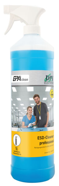 Das Bild zeigt eine blaue Sprühflasche mit dem Etikett ?ESD-Cleaner professionell?. Darauf sind ein Mann und eine Frau abgebildet, die gemeinsam an einem Tisch arbeiten.