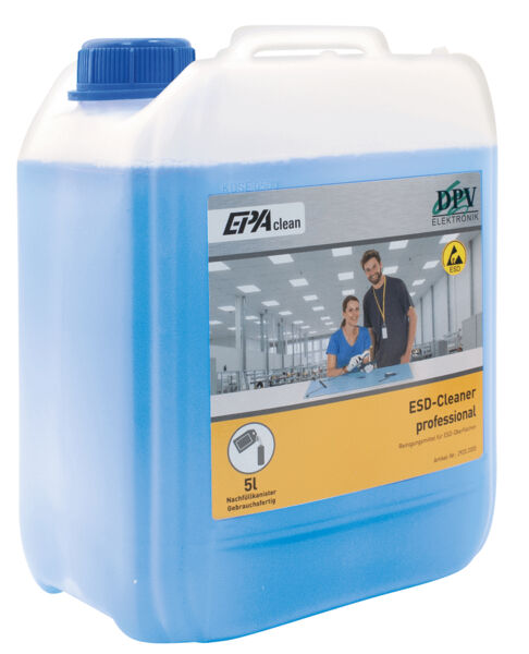 The image shows a blue, square canister with a yellow label. It contains information about an ESD cleaner. Two people are smiling in the background, in a bright room.