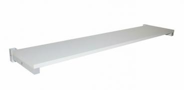 The image shows a simple, white wall shelf. It has a long, flat surface and is supported on the sides by two brackets. It is designed in a minimalist style.