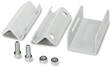 The image shows two metal brackets and a casing, all in silver color. Included are three screws and washers. The shapes are rectangular and flat.