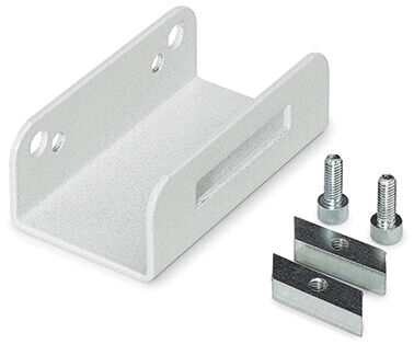 The image displays a white U-shaped metal bracket with two mounting holes. Next to it, there are two small gray screws and two rectangular metal pieces.