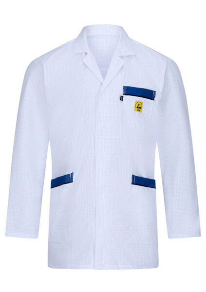 The image shows a white lab coat made from lightweight fabric. It has long sleeves, a collar, and two blue pockets on the front. A yellow logo is attached to one of the chest pockets.