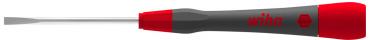 The image shows a screwdriver with a long, flat steel blade. The handle is red and gray, featuring the 