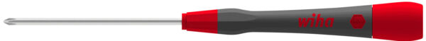 The image shows a screwdriver with a long, slender steel end and an ergonomically shaped handle. The handle is red and black and features the logo 