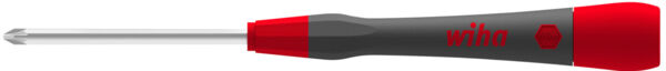 The image shows a screwdriver with a long, narrow metal part and an ergonomically shaped handle. The handle is red and black, with an inscription.