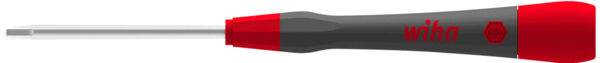 The image shows a flathead screwdriver. The handle is red and black, with a non-slip surface. The blade is made of metal and is pointed.