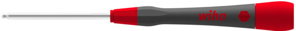 The image shows a screwdriver with a gray handle and red accents. The blade is thin and made of metal, ideal for screwing. The handle is ergonomically shaped.