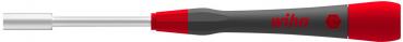 The image shows a screwdriver with a long, slender, metallic head and an ergonomic handle. The handle is black with red accents and has a round support.