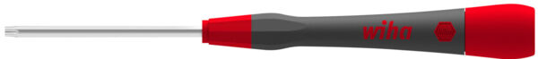 The image shows a screwdriver with a narrow, long steel head and an ergonomic handle. The handle is red and black, easy to hold. Ideal for precise screwing.