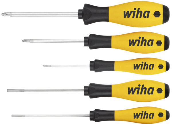 The image shows five screwdrivers with black handles and yellow areas. They are of varying lengths and have different head types, labeled with 