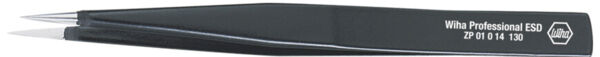 The image shows a black tweezer with pointed tips. It has a matte finish and a printed brand. The shape is slim and elongated, ideal for precise tasks.