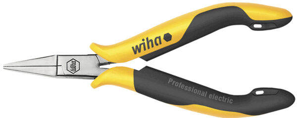 The image shows a pair of pointed pliers with a silver, shiny head and ergonomic handles. The handles are yellow and black, with a non-slip surface for better grip.