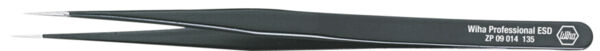 The image displays a slim, black tweezer with pointed tips. On the side, 