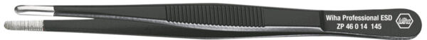 The image shows a black tweezer with a straight tip. It has a non-slip surface on the grip area and is designed for precise work.