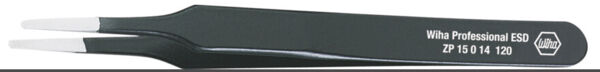 The image shows a long, narrow pair of tweezers. It has sharp, white working ends and a black handle. The handle bears the inscription 